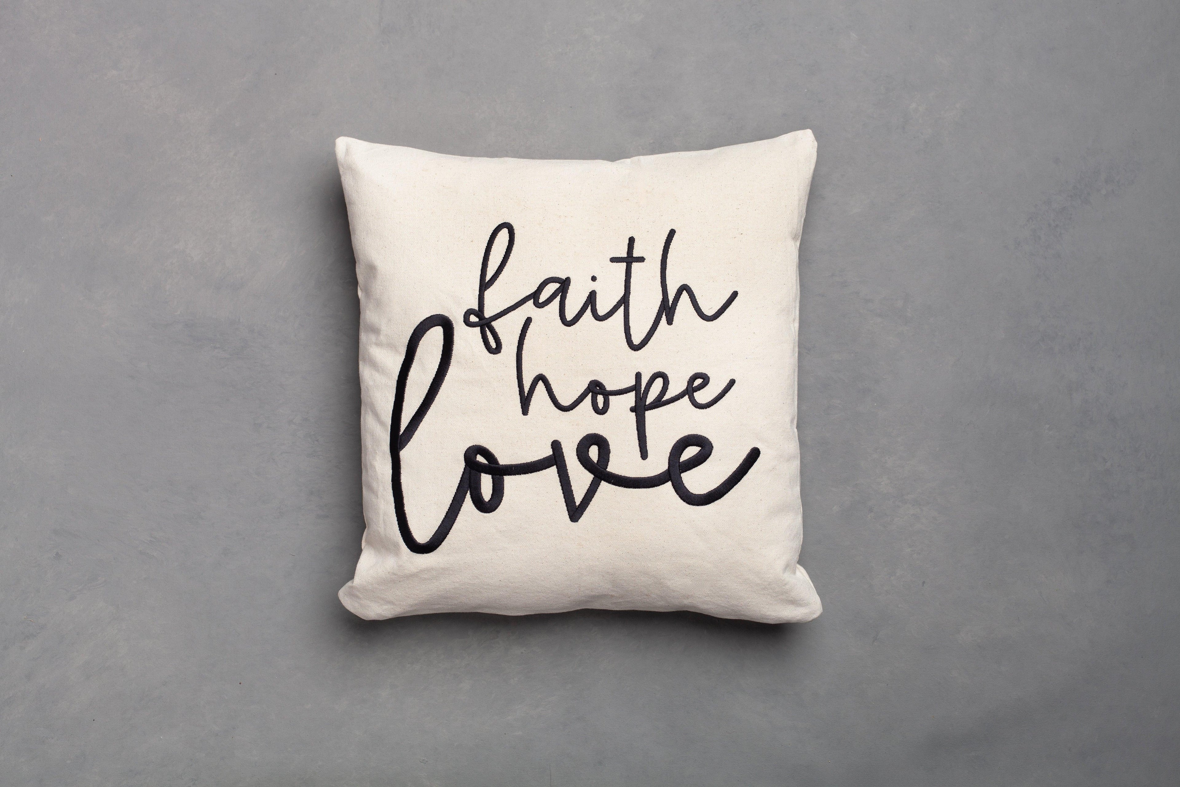 Wheat beige cream Faith Hope Love pillow cover only – soft embroidered 1 Corinthians 13:13 Bible verse on grey background for warm faith-based home styling