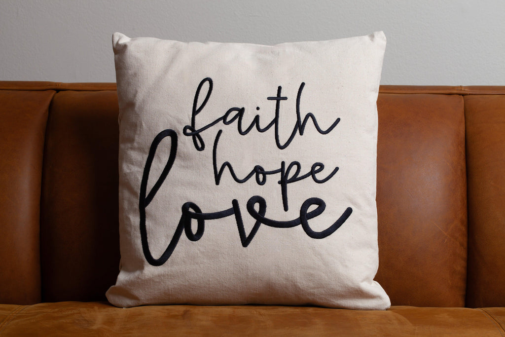 Wheat beige Faith Hope Love pillow cover only – soft embroidered 1 Corinthians 13:13 Bible verse on grey background for warm faith-based home styling