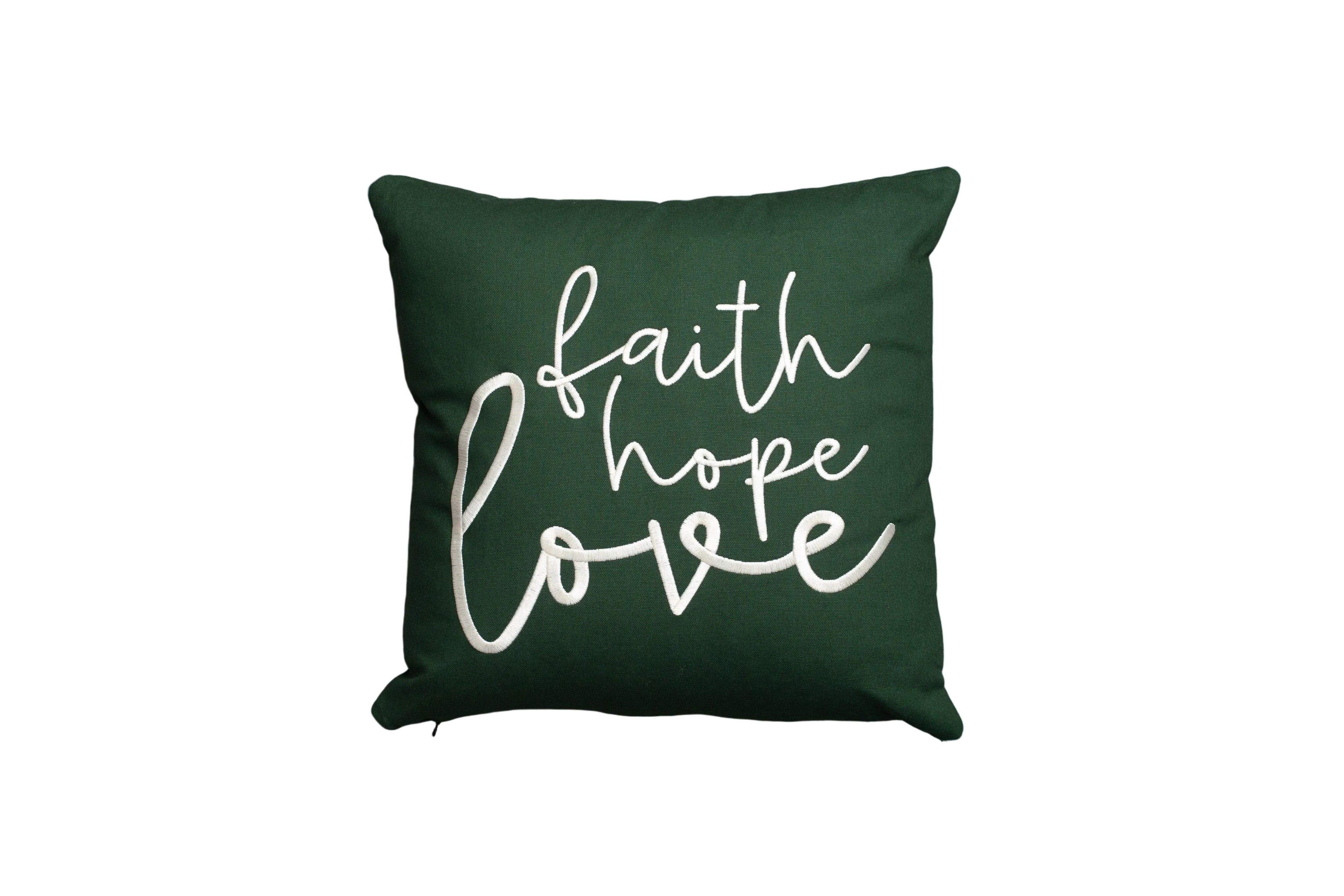 Green Faith Hope Love throw pillow cover – vibrant 1 Corinthians 13:13 scripture embroidery on grey background, premium cotton faith-inspired decor