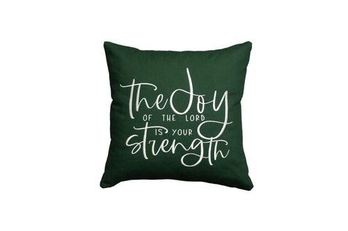 Green Joy & Strength throw pillow cover – vibrant Nehemiah 8:10 scripture embroidery on grey background, uplifting Christian decor piece