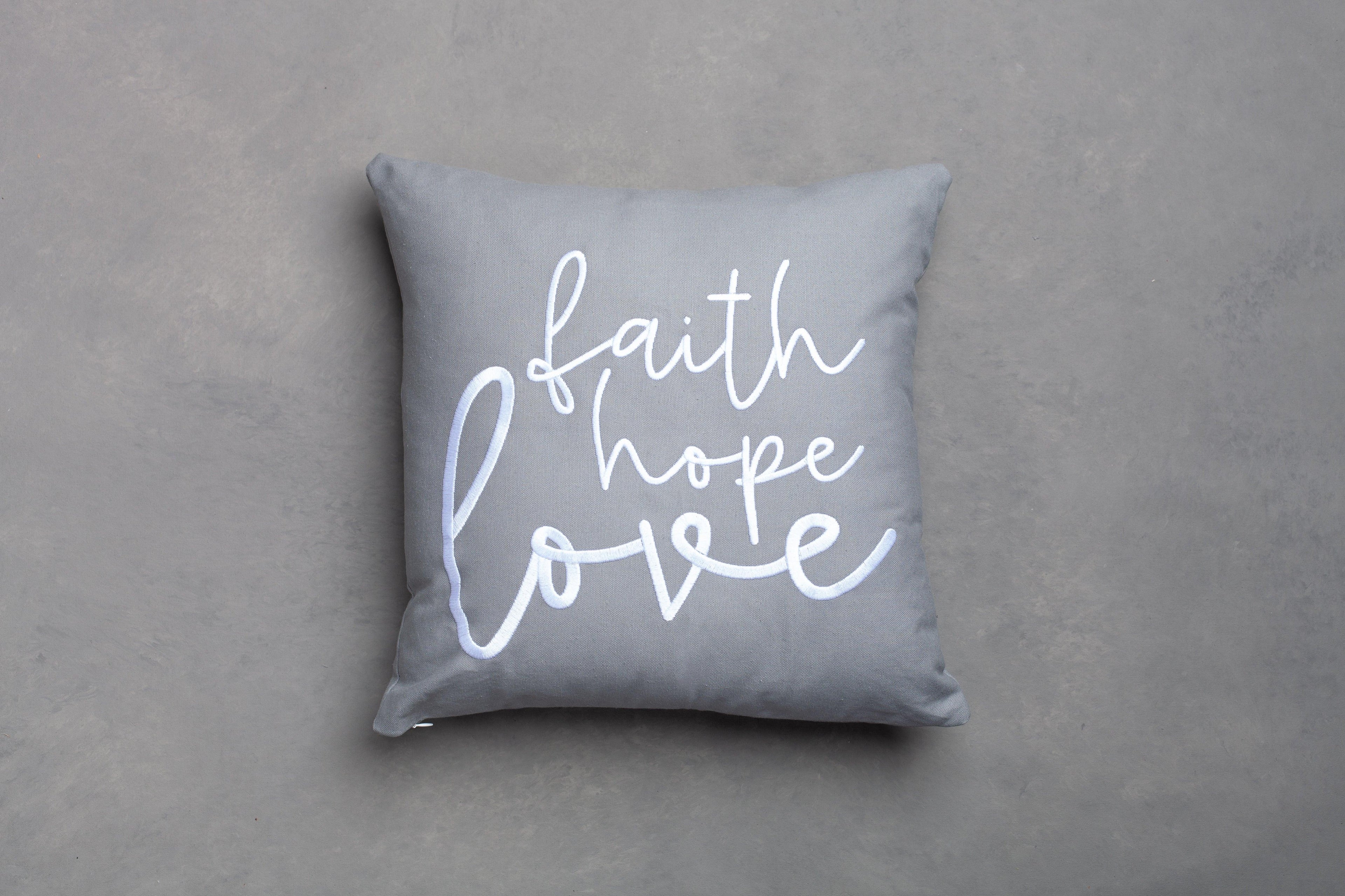 Gray Faith Hope Love scripture pillow cover only – elegant embroidered 1 Corinthians 13:13 Bible verse on neutral grey backdrop for faith home accents