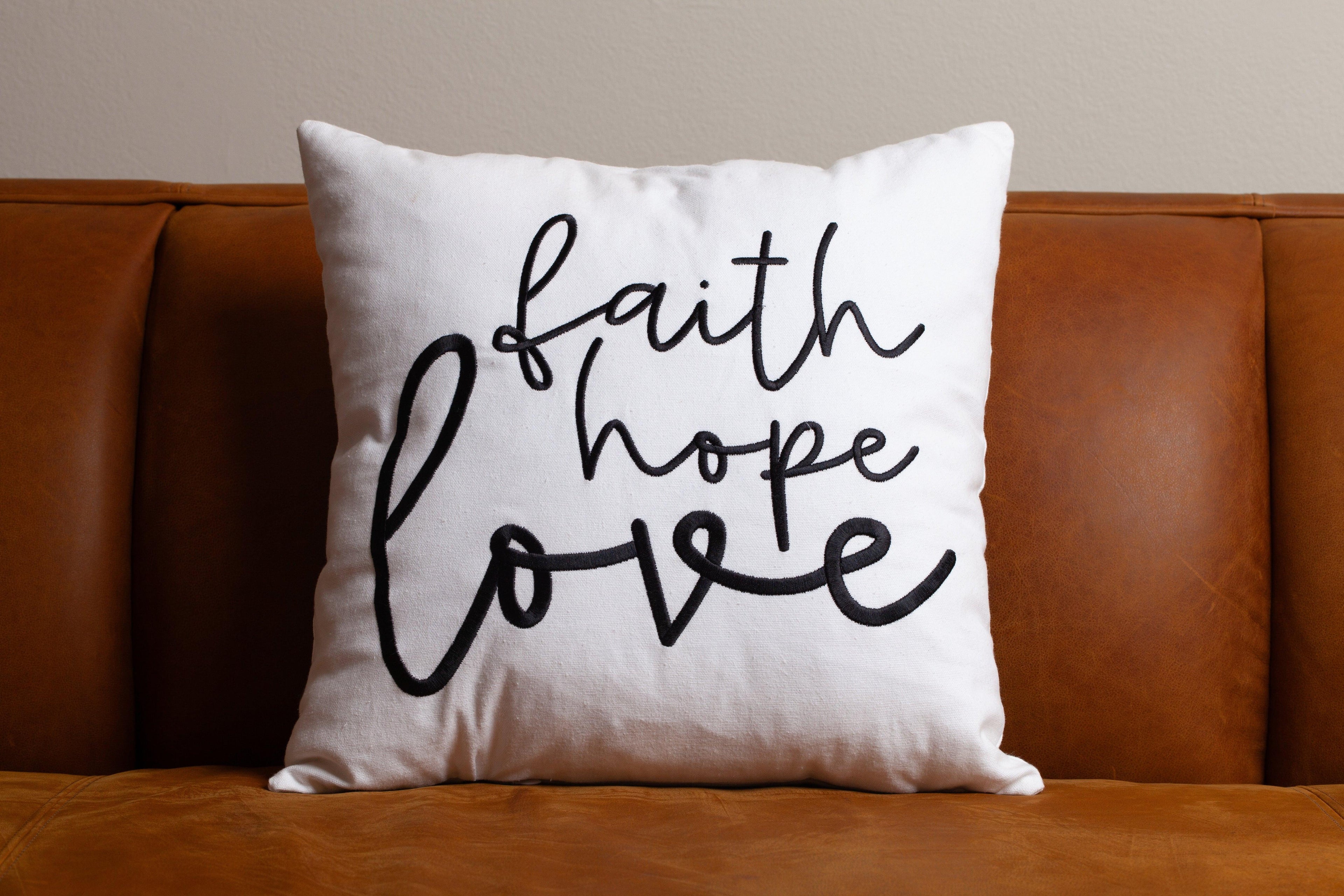 White Faith Hope Love embroidered pillow cover – subtle hand-embroidered 1 Corinthians 13:13 design on clean farmhouse look, removable Christian throw